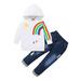 KIMI BEAR Pants Outfits For Toddler Baby Girls 2T Girls Fall Winter Clothing Set Rainbow Print Hooded Long Sleeve Hoodie Jeans 2PCs Set 2-3 Years White