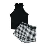 xkwyshop Kid Toddler Girls 3Pcs Outfits Sleeveless Rib Solid Color Stand-Up Collar Tops + Houndstooth Shorts + Waist Belt Set