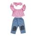 Summer Kids Baby Girls Toddler Off Shoulder Ruffles Sleeeve Tops Denim Hole Fish Net Pants Headband