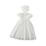 TheFound Princess Infant Baby Girls Christening Dress Lace Floral Embroidered Print Knee Length Tutu Dress with Hat 2Pcs Set