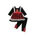 Gupgi Infant Christmas Plaid Outfits Long Sleeve Square Collar Lace Dress with Bow Ruffle Button Pants