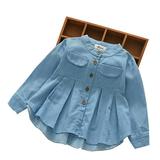 Baby Girls Long Sleeve Dress Kids Solid Color Denim Blouses Toddler Girl Autumn Button T-Shirt Children Fashion Ruched Tops