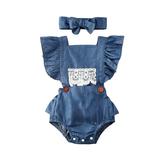jaweiw Baby Girl Romper Cute Hairband Sleeveless Ruffled Decorative Lace Square Neck Strap Style Casual Jumpsuit
