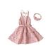 Eyicmarn Elegant Little Girl One Piece Dress V Neck Sleeveless Elastic Waist Multi Layer Dot Dress with Wasitbelt Headband