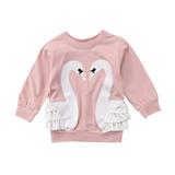 Qtinghua Toddler Baby Girls Swan Printed Cotton Long Sleeve Lace T Shirt Sweatshirts Tops Kids Autumn Blouse White 1-2 Years