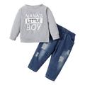 KIMI BEAR Infant Boys Outfits 18 Months Infant Boy Autumn Outfits 24 Months Infant Boy Casual MAMA S LITTLE BOY Letter Print Long Sleeve T-Shirt + Ripped Denim Pants 2PCs Set Gray