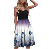 Juebong Summer A-Line Midi Dress Slim Fit Flare Empire Waist Swing Flowy Sleeveless V-Neck Suspender Dress With Flounce Women s Fashion V Neck Printed Patchwork Pullover Dress