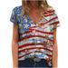 Women Summer Trendy Tee American USA Flag Print Short Sleeve Loose T-shirts V Neck Casual Tunic Tops Comfy Shirts