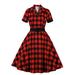 Women Suit Swing Dresses 1950s Vintage Rockabilly Party Dress Button Short Sleeve Lapel Business Casual Plaid Dress