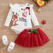 Jerdar Infant Girls Tops Skirt Outfit Sets Toddler Girls Christmas Cute Little Elk Santa Claus Printed Romper and Red Mesh Skirt Two-piece Suit Little Girls Top Infant Skirt Set White (3-6 Months)