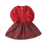 XINSHIDE Toddler Kids Baby Girls Dress Ribbed Long Sleeve Dress With Bowknot Patchwork Plaid Girl Dresses Sundress Princess Dresses Baby Girl Clothes