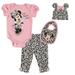 Disney Minnie Mouse Infant Baby Girls Bodysuit Pants Bib and Hat 4 Piece Outfit Set Newborn to Infant