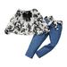 KIMI BEAR Infant Girls Outfits 18 Months Infant Girls Autumn Outfits 24 Months Infant Girls Sweet Floral Print Off-the-shoulder Long Sleeve Top + Blue Pants 2PCs Set Multi-color