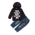 Mialoley Baby Boy Letter Print Hooded Sweater+Elastic Waist Hole Design Jeans