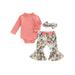 Bagilaanoe 3pcs Newborn Girl Long Pants Set Long Sleeve High Neck Ribbed Romper Tops+ Flower Print Flares Trousers + Headband 3M 6M 12M 18M Infant Casual Outfits