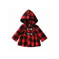 Gwiyeopda Toddler Baby Girls Hooded Coat Plaid Print Long Sleeves Horn Button Closure Autumn Winter A-Line Jacket