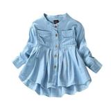 Baby Girls Kid Solid Denim Ruched Long Sleeve O-neck T-Shirt Tops Dress Clothing Children Spring Autumn Fashion Blouse Jacket