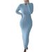 Women Long Sleeve Knitted Dress Crochet Pattern Solid Color Ribbed Round Collar Casual Long Club Party One-Piece