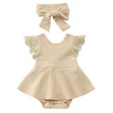 Spring Summer Boy Girl Floral Romper Girls Ribbed Lace Backless Romper Bodysuit Little Girls Dress Headband Clothes Outfits Set