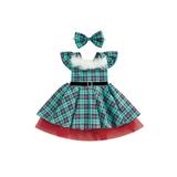 LWXQWDS 2Pcs Toddler Baby Girls Christmas Dresses Fly Sleeve Plaids Tutu Dresses Headband Princess Party Clothes Lake Green 3-4 Years