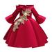 OLLUISNEO 3-4 Years Toddler Baby Girls Dress Long Sleeve Off-The-Shoulder Floral Design Party Formal Princess Dress Red