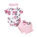 Toddler Baby Girl Outfit Floral Prints Romper Tops Floral Bowknot Shorts Headband Three Pieces 0-18M Clothes Set