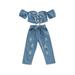 Toddler Kid Girl Outfit Off Shoulder Lace Up Short Sleeve Crop Tops Ripped Jeans 2Pcs Set 2-7Y