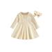 Seyurigaoka Baby Girls Knitted Dress Ribbed Solid Color Long Sleeve Dress