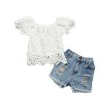 Toddler Girl s 2Pcs Clothes Set Lace Flower Boat Neck Tops with Ripped Shorts