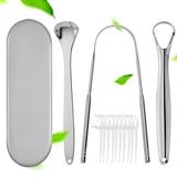 3 PCS Stainless Steel Tongue Cleaner with Carry Travel Small Case Medical Grade Metal Daily Oral Hygiene Brush Dental Kits Reduce Bad Breath Tool Gadgets Treatment