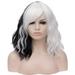 RightOn 14 Black White Wig Short Curly Wig Black and White Wig with Bangs Split Wig Daily Use Heat Resistant Synthetic Wig with Wig Cap