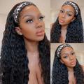 Curly Headband Wig Human Hair Water Wave Headband Wigs For Black Women Glueless Wet and Wavy Human Hair Wig with Headbands Attached No Lace Front Wig Machine Made Easy Wear Wig Natural Color 28 Inch
