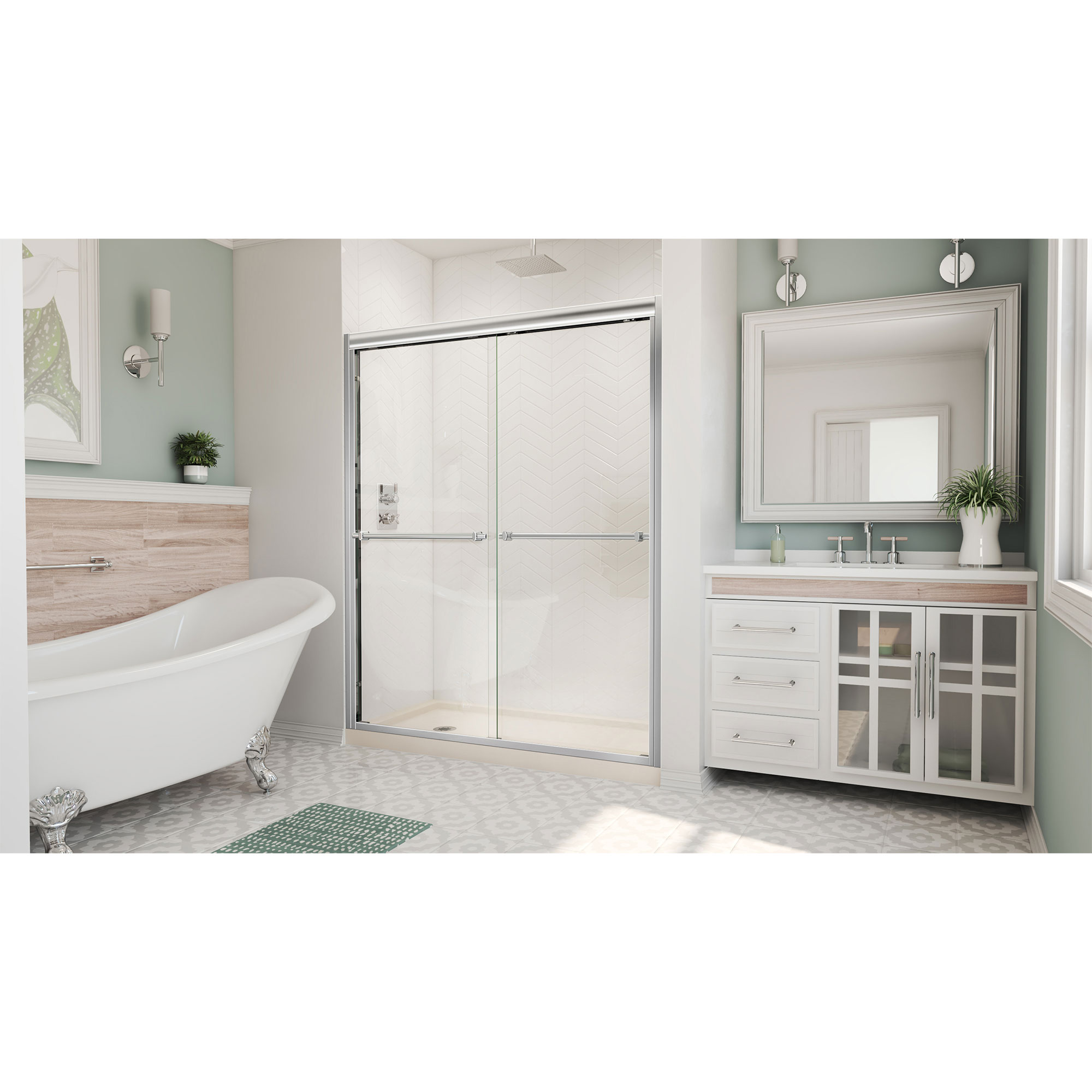 Dreamline DreamLine Duet 36 inch D x 60 inch W x 74 3/4 inch H Semi-Frameless Bypass Shower Door in Chrome with Center Drain White Shower Base Kit DL-6953C-01CL