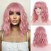 RightOn Pink Wig Short Curly Wavy Wig Pink Wig with Bangs Pink Wig for Women Girls Synthetic Wigs with Wig Cap