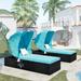 FreshTop 76.8 Long Reclining Single Chaise Lounge with Cushions Canopy and Cup Table Black Wicker+ Blue Cushion Set of 2