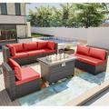 Gotland 8 Pieces Outdoor Patio Furniture Set with 43 Propane Fire Pit Table PE Rattan (Red)