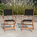 Merrick Lane Set of 2 Indoor/Outdoor Acacia Wood Folding Patio Bistro Armchairs with Black Textilene Mesh Back and Seat Natural