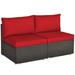 Patiojoy 2-Piece Outdoor Wicker Rattan Sectional Armless Sofa Chair w/ Red Cushions