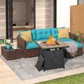 Patio Furniture Set with 28 Fire Pit Table 4 Piece Outdoor Small Sectional Sofa Wicker Conversation Set with Tempered Glass Coffee Table 40 000 BTU Propane Fire Pit Lava Rocks Included Turquoise