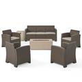 GDF Studio Flamingo Outdoor Faux Wicker 7 Seater Sofa and Club Chair Set with Fire Pit Brown Mixed Beige and Light Gray