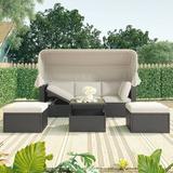 uhomepro 4 Pieces Patio Furniture Sets Daybed with Retractable Canopy Adjustable Back Outdoor Rattan Sectional Sofa Set with Foldable Board Wicker Chaise Lounge for Backyard Garden Poolside Beige