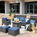 Ovios 6 Pieces Outdoor Furniture with 50 000 BTU Fire Pit All Weather Wicker Patio Conversation with Denim Blue Cushion