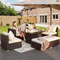 NICESOUL 7 Pcs Outdoor Furniture with Fire Pit Table Espresso Wicker Sofa