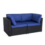 Kinbor 2pcs Outdoor Patio Rattan Wicker Furniture Sectional Sofa Set with Dark Blue Cushions