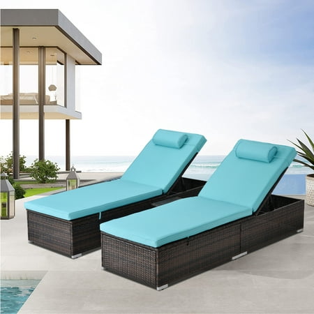 2 Pieces Outdoor Patio Lounge Furniture Set Poolside Reclining PE Rattan Chaise Recliners with Side Table Tempered Glass Top Coffee Table Brown PE Wicker and Blue Cushions SS2341