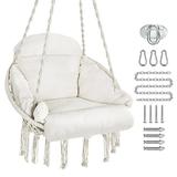 Hammock Chair Upgraded Max 250 Lbs Hanging Cotton Rope Swing Chair with Hardware Kits Macrame Swing for Indoor and Outdoor Use (Beige)