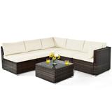 Patiojoy 6PCS Wicker Patio Sectional Conversation Furniture Set with Seat Cushions & Coffee Table