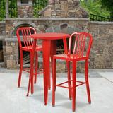 BizChair Commercial Grade 24 Round Red Metal Indoor-Outdoor Bar Table Set with 2 Vertical Slat Back Stools