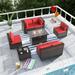 Kullavik 8 Pieces Outdoor Furniture Set with 43 Gas Propane Fire Pit Table PE Wicker Rattan Sectional Sofa Patio Conversation Sets Red