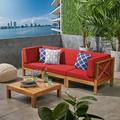 Elisha Outdoor Modular 4 Piece Acacia Wood Sectional Sofa Set and Coffee Table with Cushions Teak Red